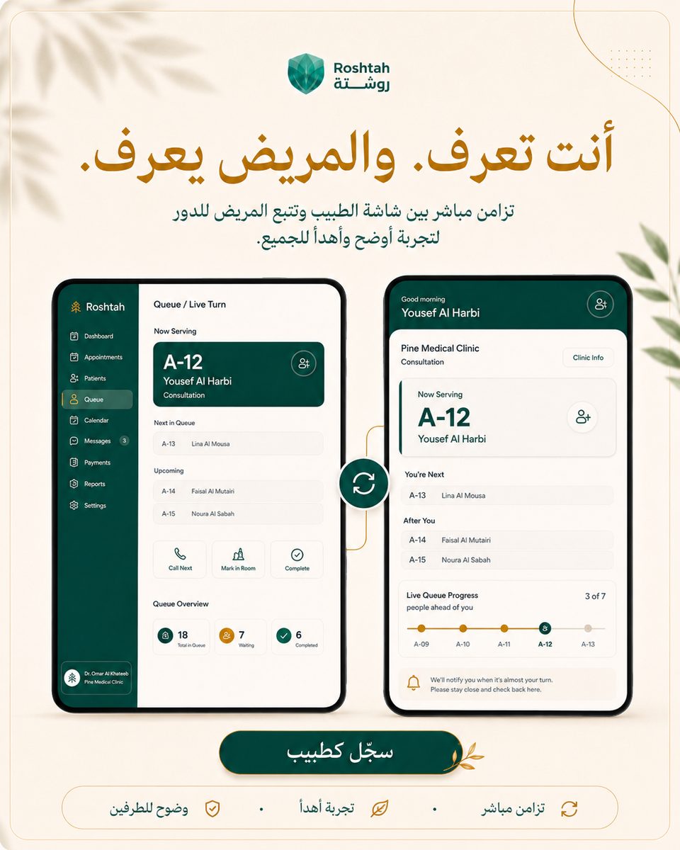 شاشة الدور المباشر: تابع دورك في العيادة وانتظر في مكانك شاشة الدور المباشر: تابع دورك في العيادة وانتظر في مكانك